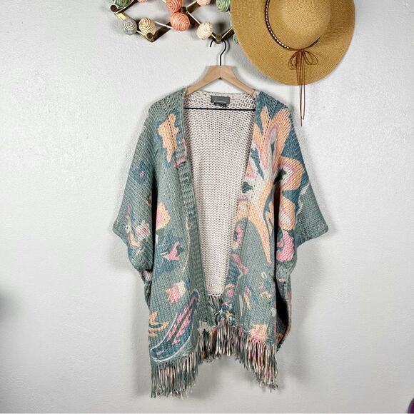 Anthropologie Floral Braided Knit Tassel Sweater Kimono in Gray Motif Size OS - Picture 3 of 9